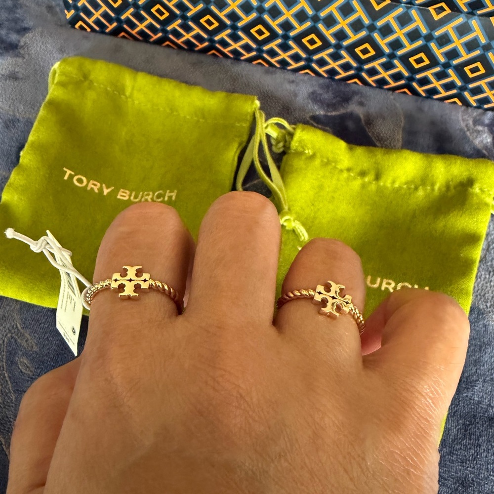 Authentic Tory Burch Gold Rings Set of 2 with Lime Green Pouches - Picture 3 of 11